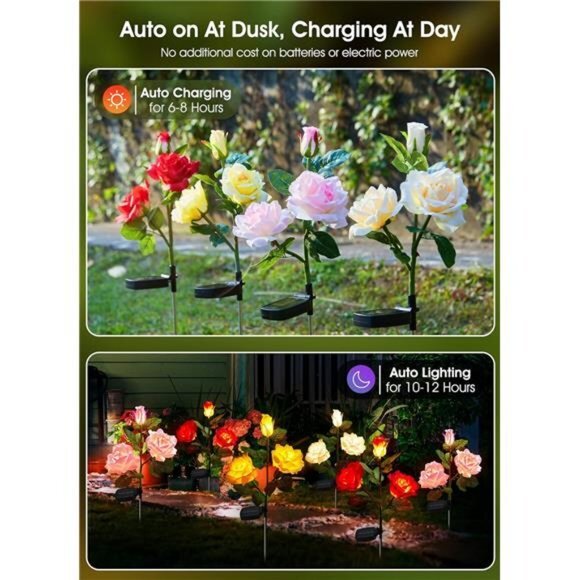 Outdoor Solar Garden Light-4 Pack LED Flower Light &‎ Realistic Rose, Waterproof - Picture 2 of 6